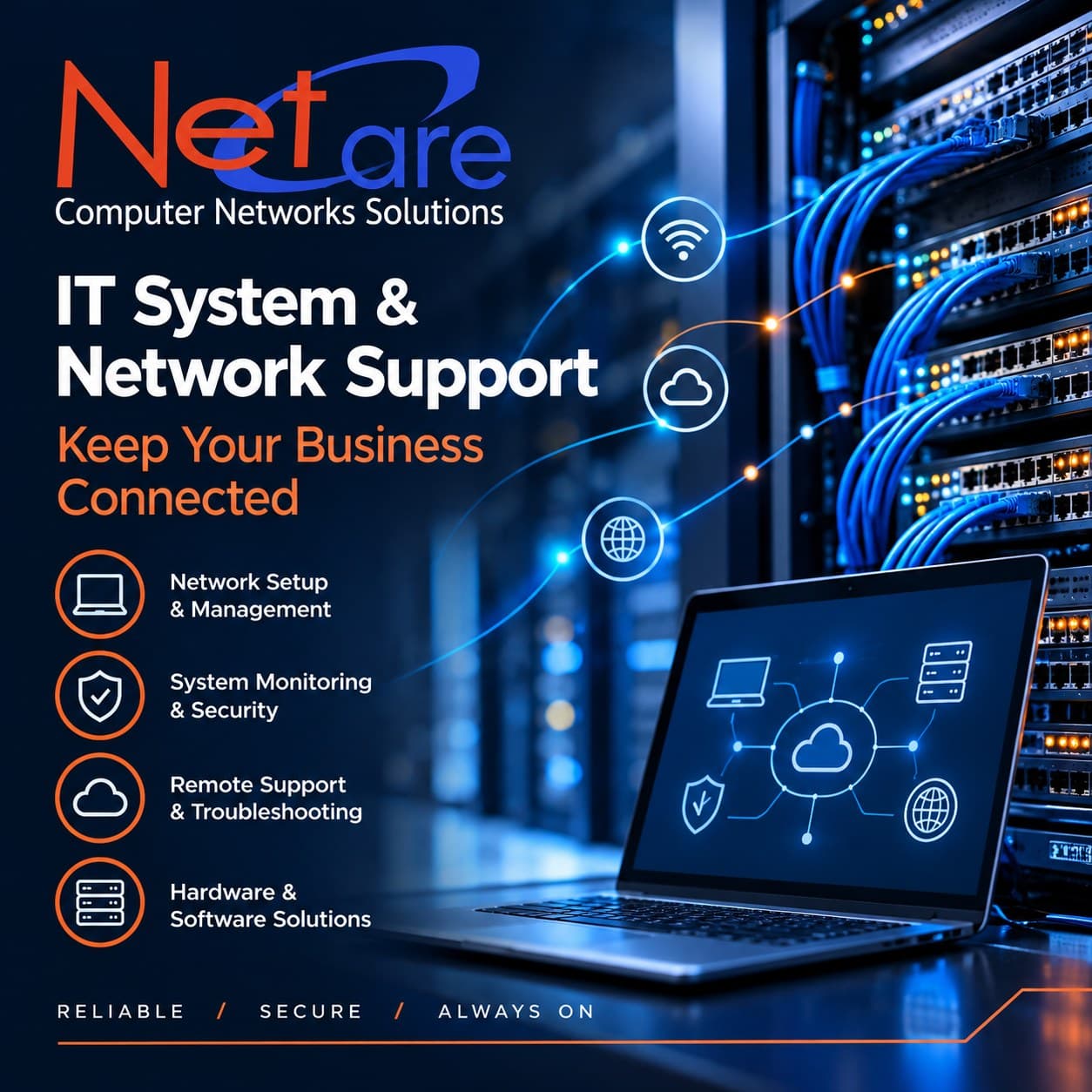NetCare IT system and network support: network setup and management, system monitoring and security, remote support and troubleshooting, hardware and software solutions